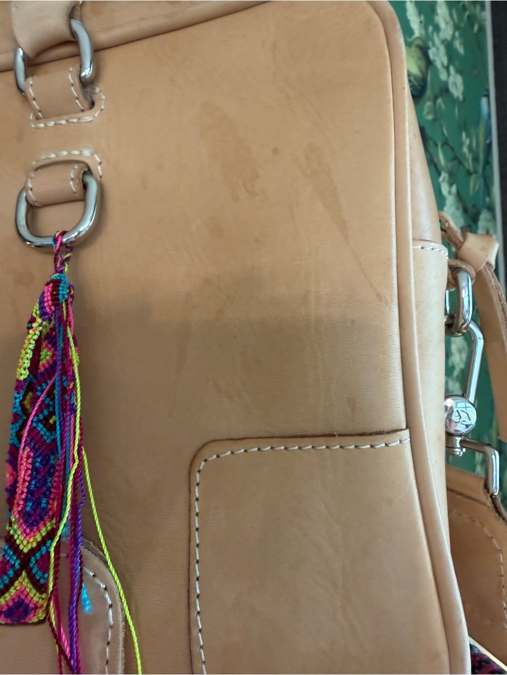 Consuela Untreated Natural Tan Leather Satchel with Colorful Woven Tassel - Picture 3 of 10